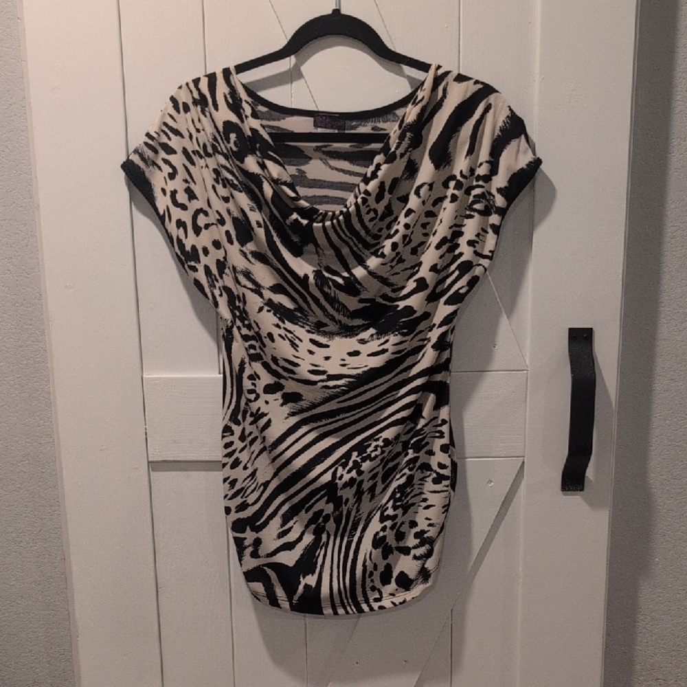 Agenda Black and Cream Animal Print Ruched Short Sleeve Blouse w/ Cowl Neckline